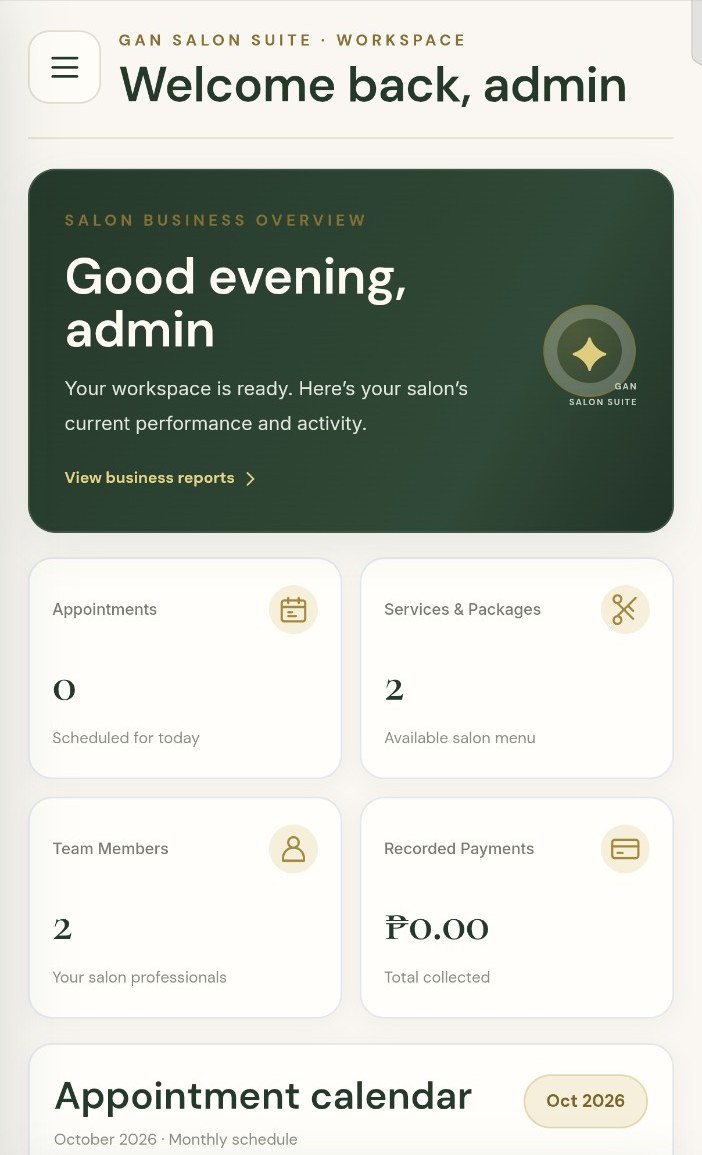 GAN Digital Solutions business dashboard showing services, payments, team and appointment overview